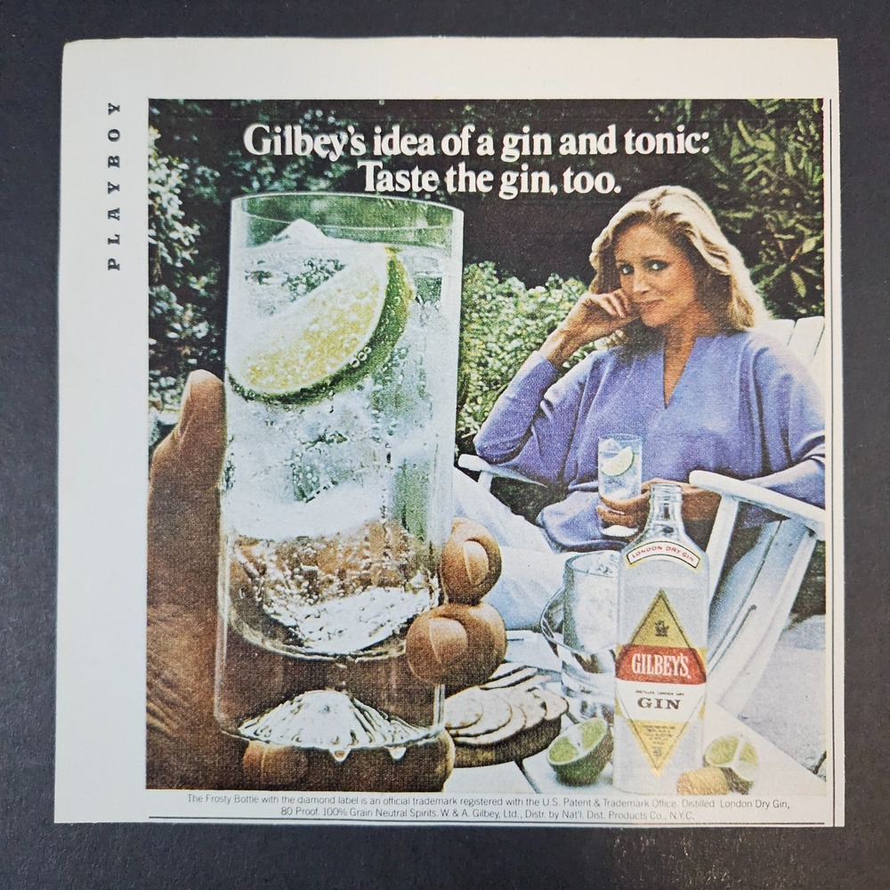 1983 Gilbey's Distilled London Dry Gin Vintage Print Ad Frosty Bottle Diamond